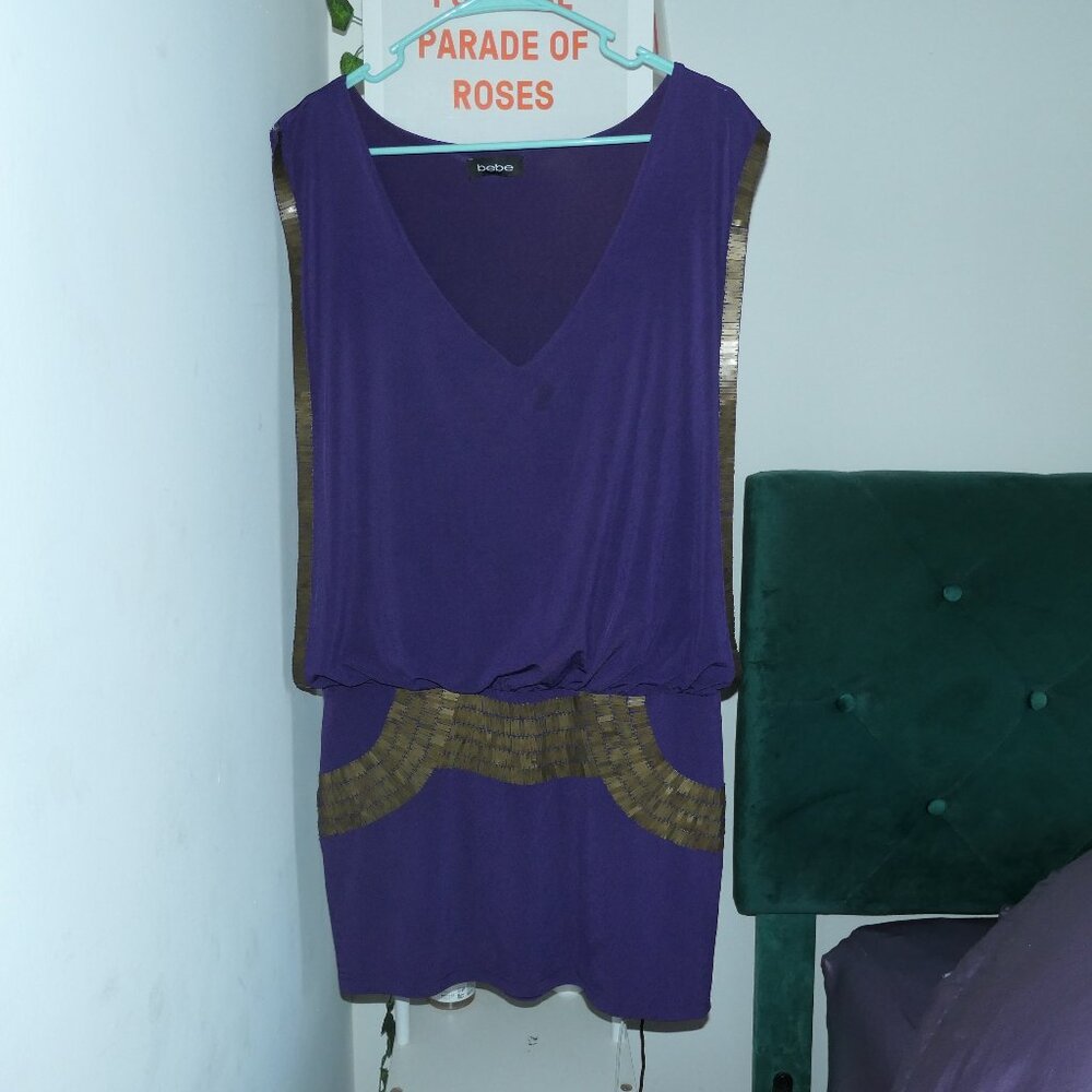 BEBE dark purple and brass accents V-neck mini dress